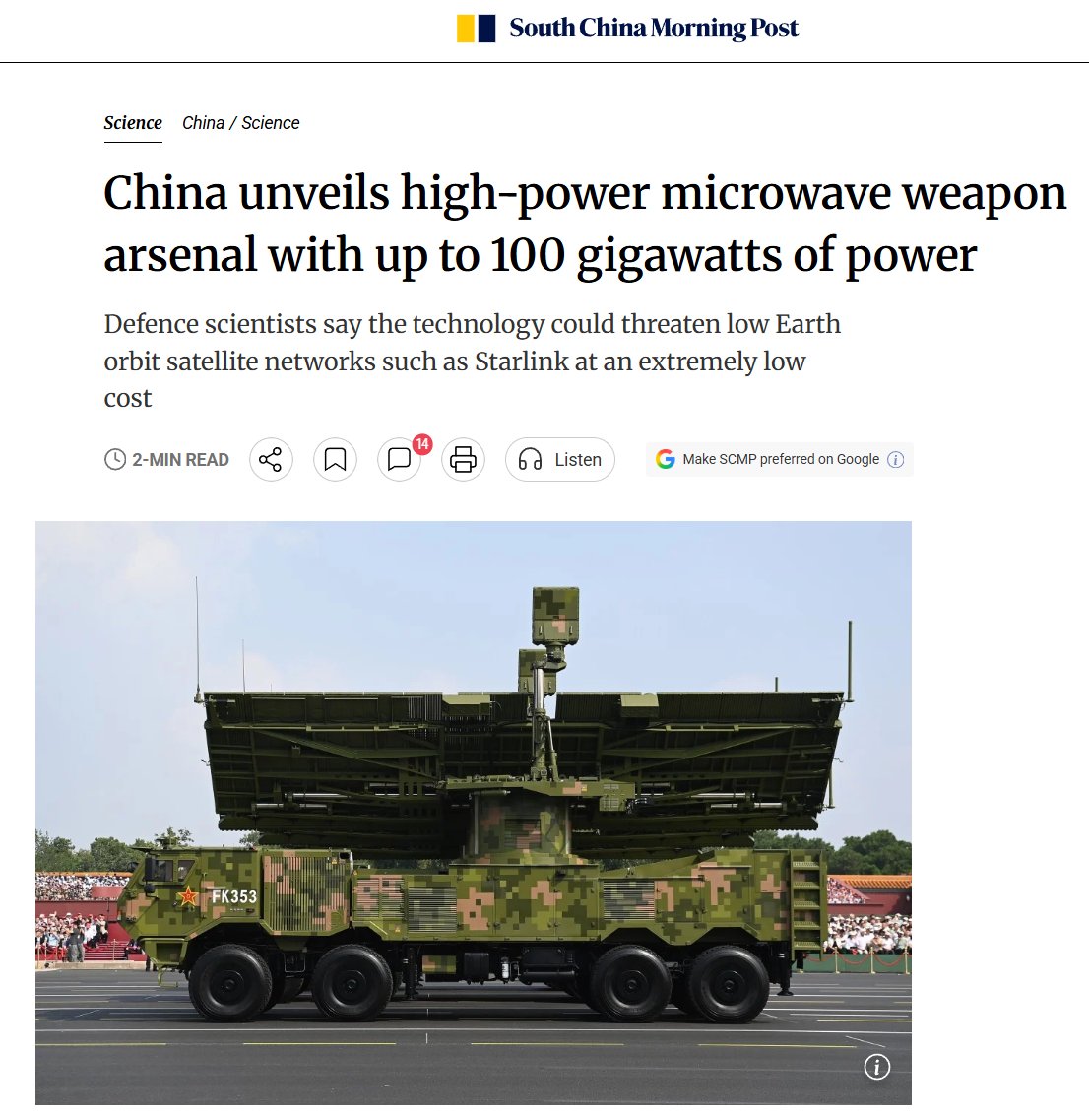 RT_com's tweet photo. China unveils potential Starlink DESTROYER

100GW MICROWAVE weapon can disable drones, comm networks and satellites

Has EXTREMELY LOW cost per strike

Tech's now battlefield-ready https://t.co/weEstF6Kqn