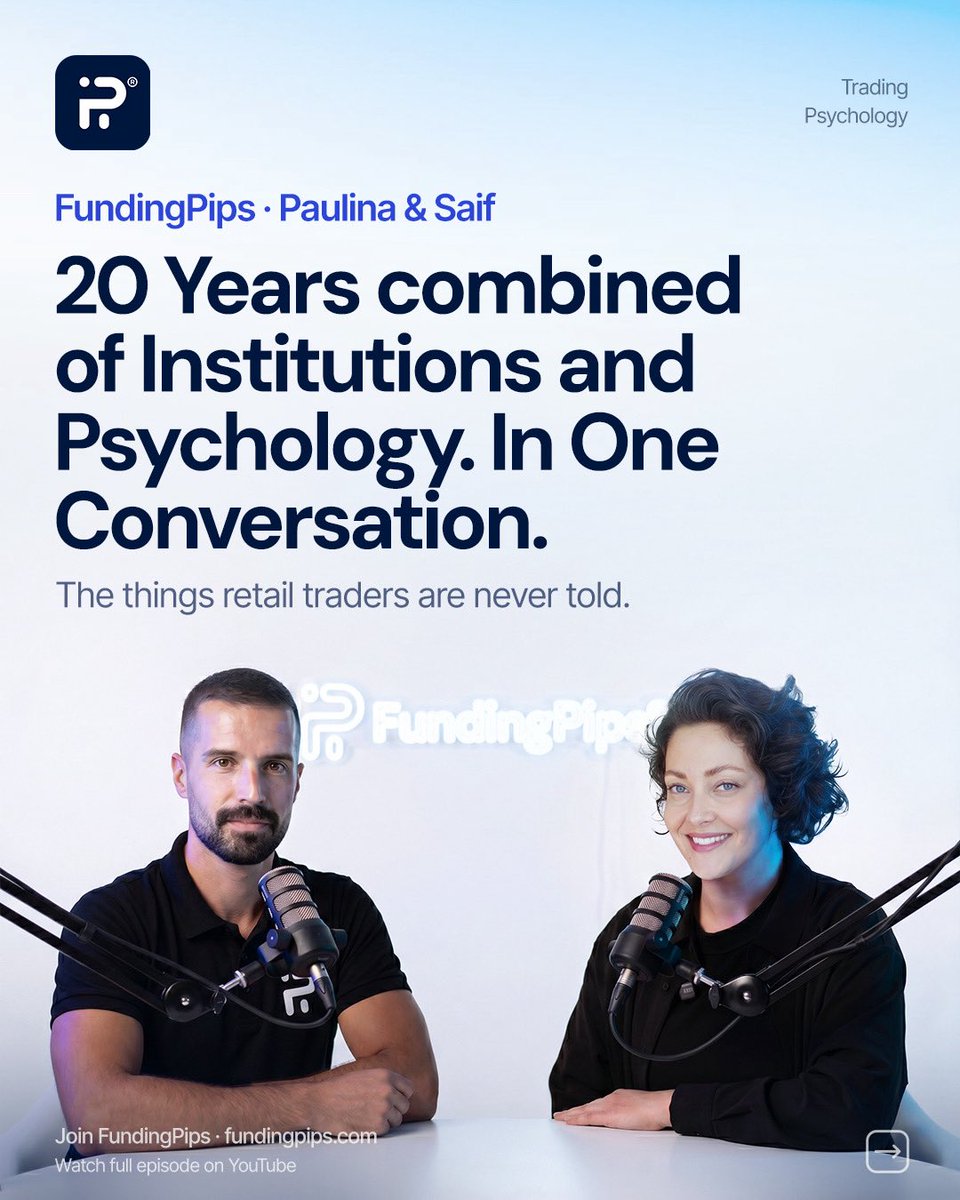 fundingpips's tweet photo. 20 years of institutions and psychology in one conversation. The things retail traders are never told.

Retail traders ask how to avoid losing. Professionals ask how to survive it. 

Your brain cannot tell the difference between a red trade and a real threat, and that is the moment stops get moved and size gets doubled. 

The fix is not willpower. It is structure decided before the pressure hits.

Watch the full conversation now on the FundingPips YouTube channel.