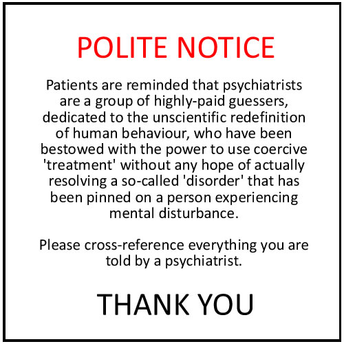 cchruk's tweet photo. How many times should a message be repeated before a person really gets that message? It may be several times, so here's another polite reminder that psychiatrists are highly-paid guessers, dedicated to the unscientific redefinition of human behaviour and the use of "treatments" that are turning people into patients for life.

Please cross-reference everything you are told by a psychiatrist. #mentalhealth #psychiatry #ECT #prescribedharm #MentalHealthAwareness #MentalHealthMatters #psychiatric #psychiatrist