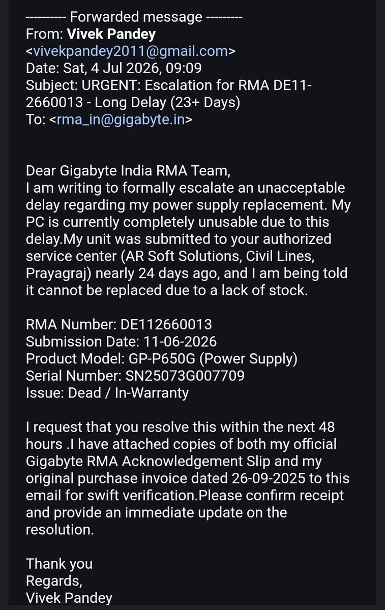 BreakoutWhizz's tweet photo. @Aorus_IN 
@GIGABYTE_INDIA
Very disappointed with Gigabyte India's warranty support. My 9-month-old GP-P650G PSU was submitted for RMA on 11 June, and after 1+ month I'm still being told "next week" for past two week every time I call. 
No response to my escalation email either. https://t.co/WADaLmZwZ2