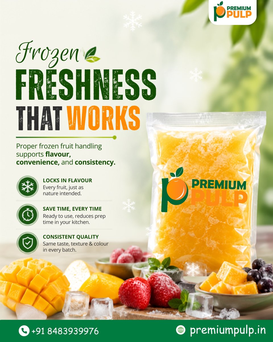 PremiumPulpp's tweet photo. Frozen Freshness That WorksProper frozen fruit handling supports flavour, convenience, and consistency.#PremiumPulp #FrozenFreshness #FoodQuality #FruitPulp #TrustedSupply https://t.co/mIkw0DBIXu