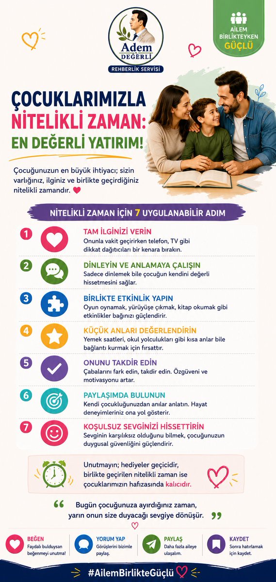 NeKadar_EnCok's tweet photo. Çocuklar en çok pahalı hediyeleri değil, kendilerine ayrılan zamanı hatırlar. ❤️
Her gün sadece 15 dakika; dinlemek, oyun oynamak veya sohbet etmek bile çocuğunuzun özgüvenini ve aile bağlarını güçlendirir.
Birlikte geçirilen zaman, geleceğe yapılan en değerli yatırımdır.
#Aile https://t.co/mdmp1fL1I4