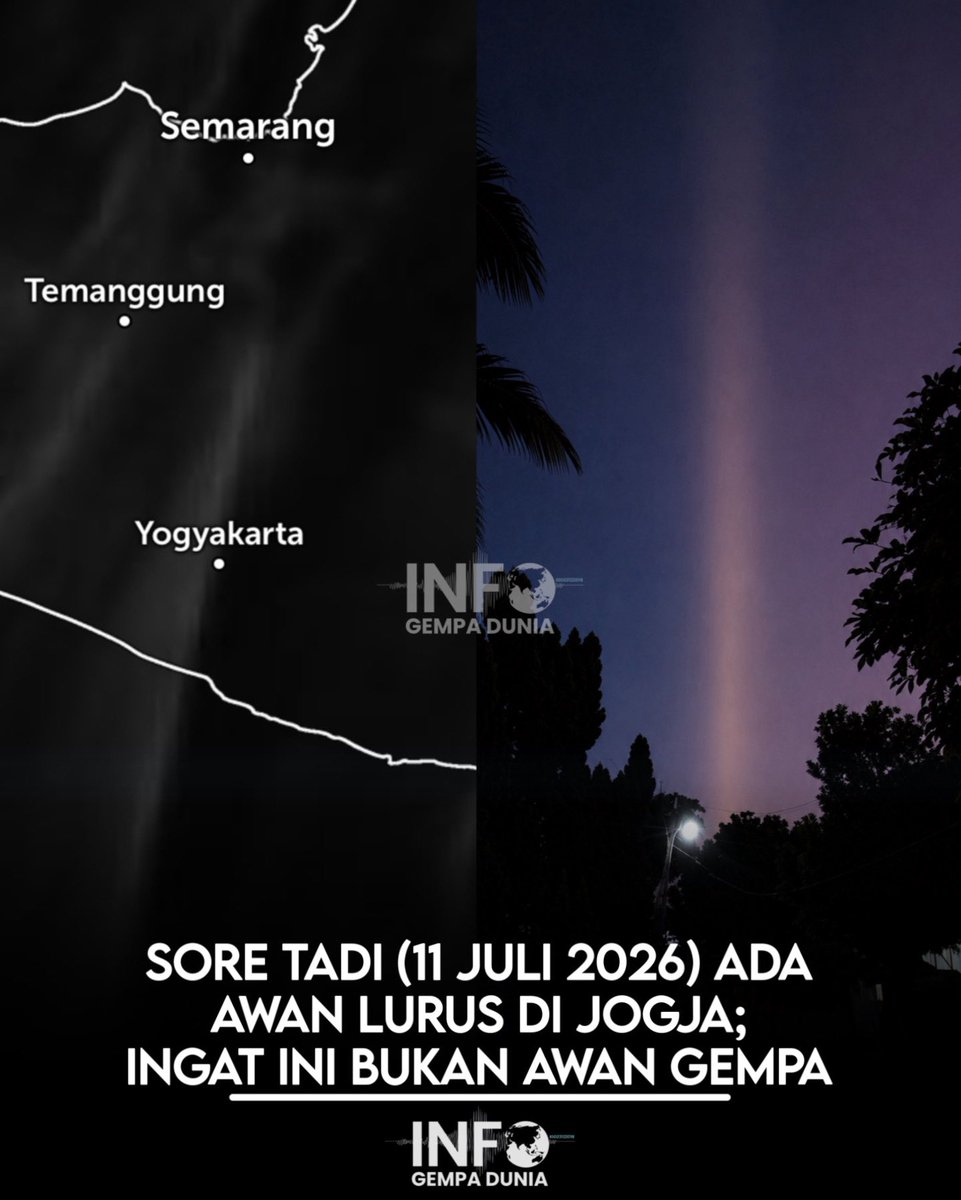 infogempadunia's tweet photo. Sore tadi (11 Juli 2026), sejumlah warga di Yogyakarta mengabadikan kemunculan awan lurus yang membentang di langit. Fenomena ini bukan merupakan awan gempa, melainkan awan Cirrus yang terbentuk di lapisan atas atmosfer.

Pola awan yang tampak memanjang tersebut terbentuk akibat angin timuran yang berasal dari Australia di lapisan atas atmosfer. Pada siang hari, lapisan awan Cirrus ini umumnya masih cukup banyak sehingga bentuknya belum begitu jelas terlihat dari permukaan. Namun, memasuki sore hingga menjelang malam, lapisan awan mulai menipis sehingga bagian awan yang tersisa tampak membentuk pola memanjang menyerupai garis lurus di langit.

Pergerakan awan ini juga terlihat jelas pada citra satelit. Lapisan awan Cirrus tampak membentang di atas sebagian wilayah Pulau Jawa dan bergerak mengikuti arah angin di lapisan atas atmosfer. Karena itu, fenomena serupa juga dapat diamati di beberapa lokasi lainnya.

Perlu diingat, hingga saat ini belum ada bukti ilmiah yang menyatakan bahwa bentuk atau kemunculan awan tertentu merupakan pertanda akan terjadinya gempa bumi.

Salam
@infogempadunia

#info