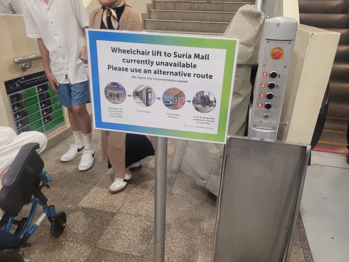 bettersidewalk1's tweet photo. The wheelchair lift is broken again 11.07.2026

This time a family had to hand-carry their kids wheelchair all the way down, while KLCC mgmt was counting profits.

 📍KLCC https://t.co/hC1uOTXxBU