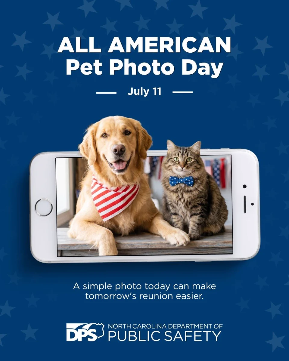 Graphic for All American Pet Photo Day on July 11, features a dog wearing a striped bandana and a cat with a polka dot bow tie inside the frame of a smartphone. The background is blue with subtle stars. The text reads, "A simple photo today can make tomorrow's reunion easier." At the bottom is the logo for the North Carolina Department of Public Safety.