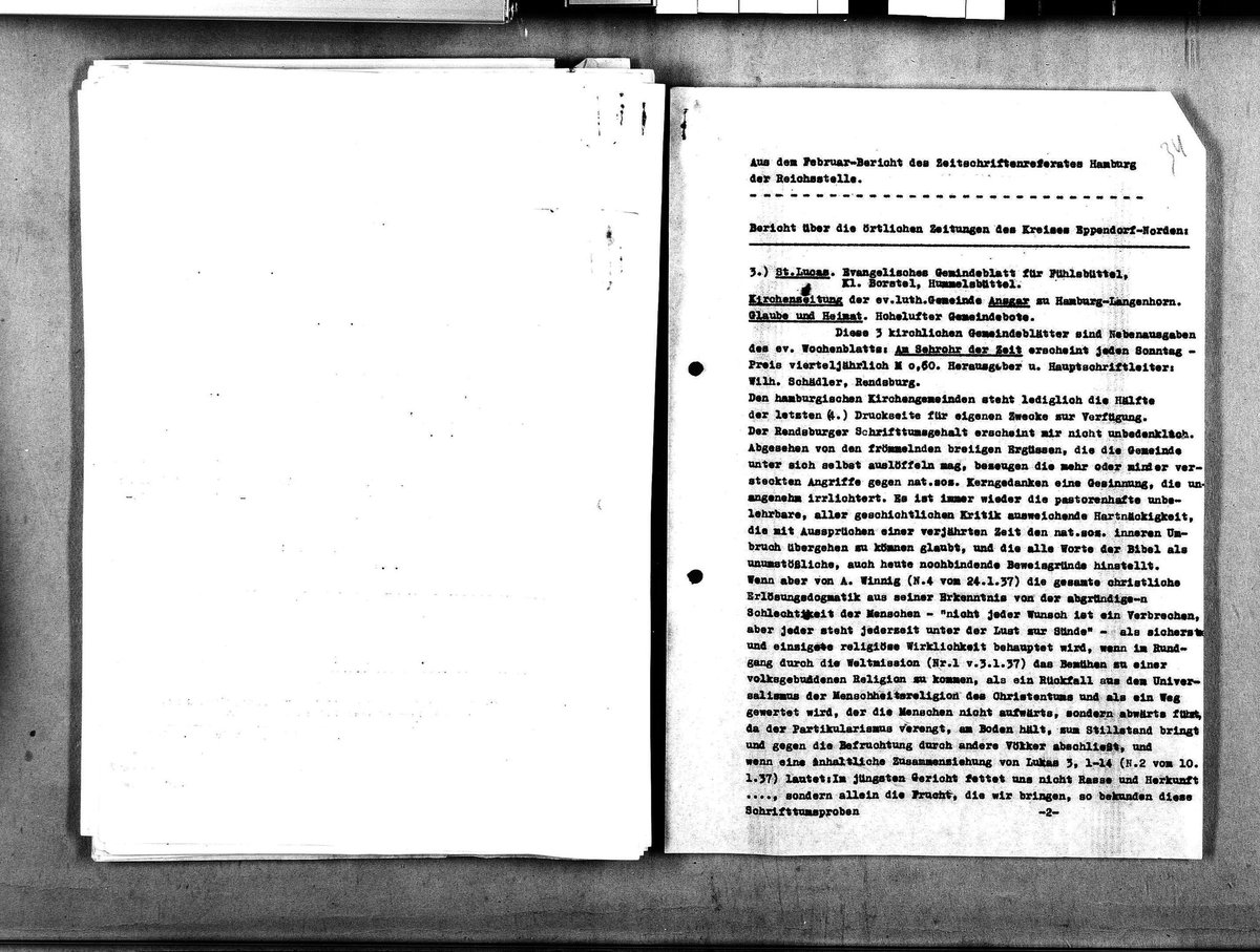 lynchie3000's tweet photo. From the February report of the Magazine Department (Zeitschriftenreferat) Hamburg of the Reich Office.

​Report on the local newspapers of the Eppendorf-Norden District.

Anti-Nazi attitudes amongst Christians. https://t.co/5Yn9v8Jfra