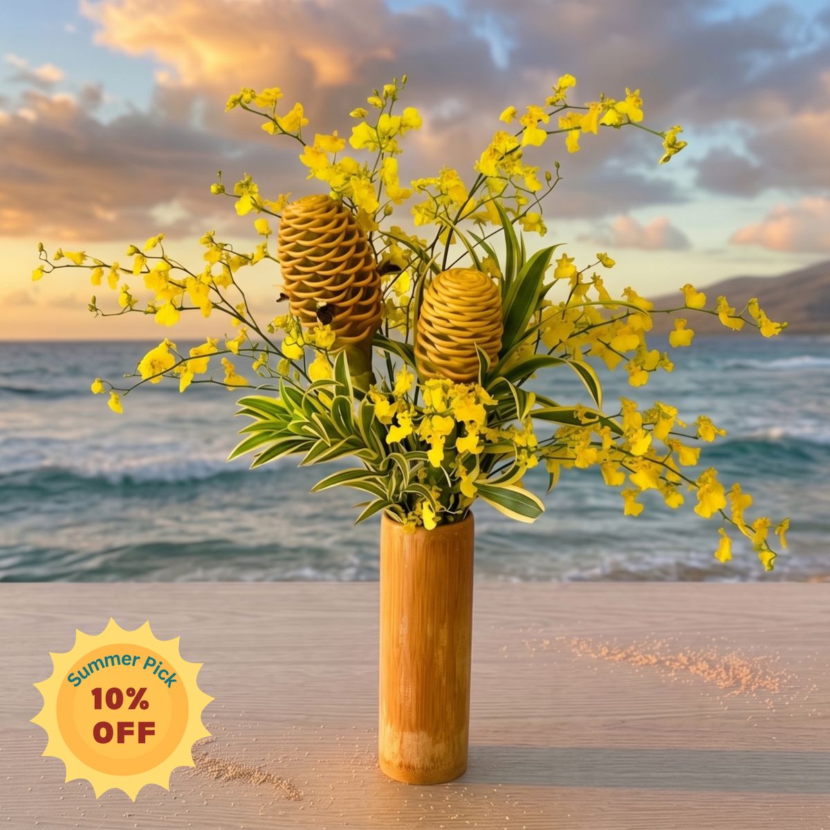 mauifloral's tweet photo. 10% off all month ☀️ The Sunshine Bouquet: vibrant yellow Oncidium orchids &amp; beehive ginger, a ray of island sunshine for any room. Shipped fresh from Maui, free shipping, no code needed → https://t.co/jHtOZs2umk https://t.co/0N50fsmzXm