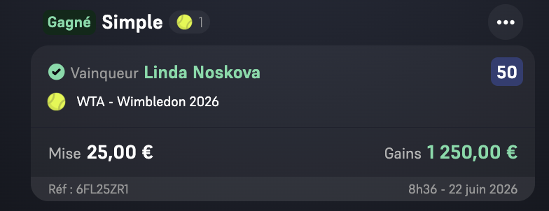 BetNala7's tweet photo. LINDA NOSKOVA @ 50 ✅ annoncé il y a 3 semaines

On se régale sur les GC après Rybakina @ 15 à l'OA 🥳

🔥 +16u sur cette finale

N'hésitez pas a rejoindre le télégram 100% des bets y sont postés, les liens en épinglé !

❤️/🔁 pour le soutien j'en demande pas plus

#TeamParieur🎾 https://t.co/LlCfAJGXLS