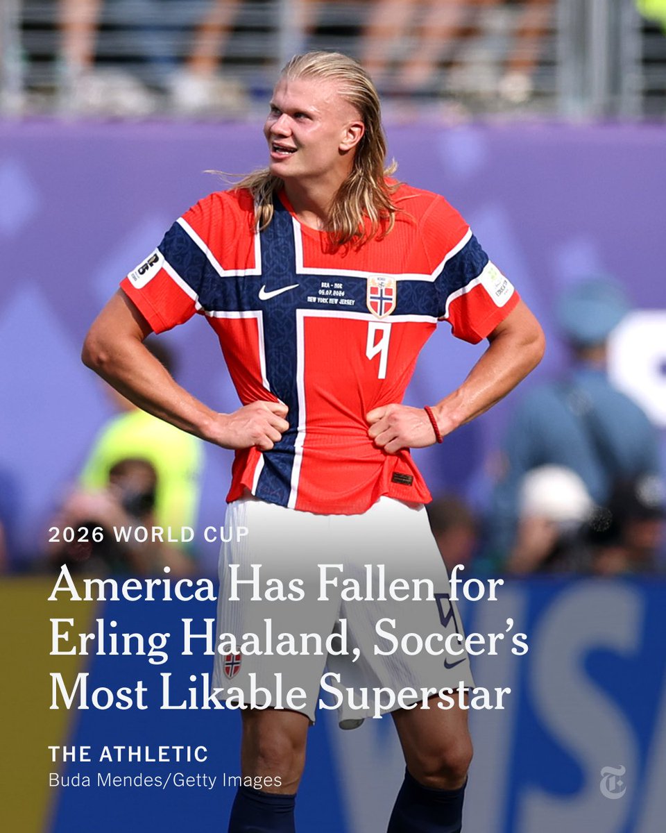 nytimes's tweet photo. From @TheAthleticFC: Erling Haaland's enormous impact on this World Cup has propelled him to new heights of stardom. Norway's talisman has always been an exceptional player, but it is his quirky personality that is making the U.S. fall for him. https://t.co/E19VBMwltT https://t.co/28cu4HN7kU