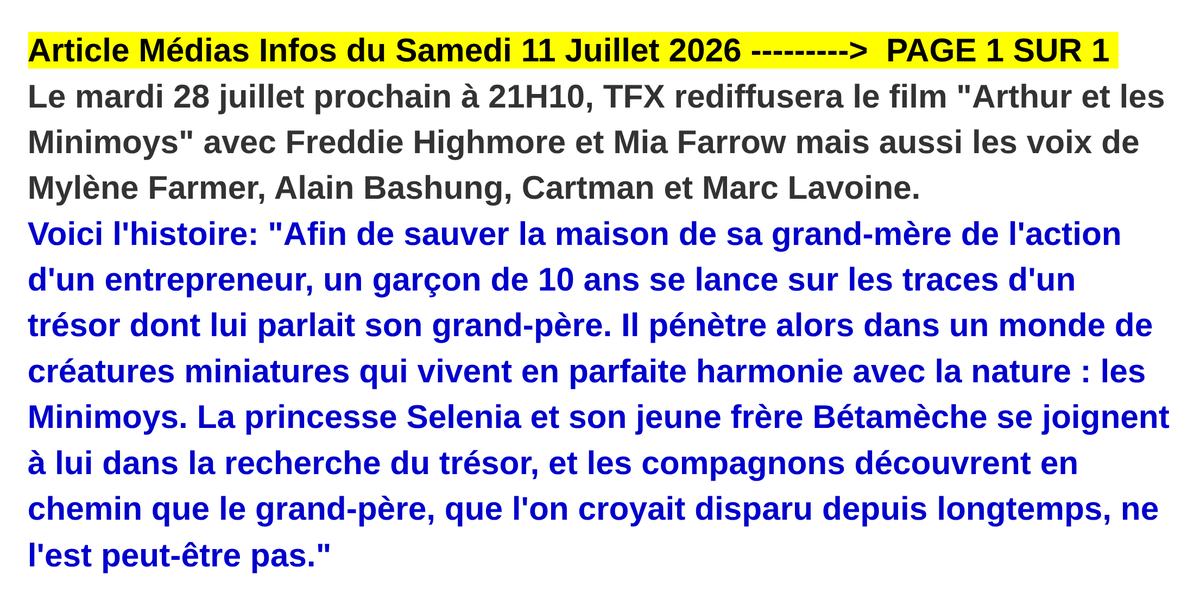 Mediasinfos's tweet photo. Le mardi 28 juillet prochain à 21H10, @TFX rediffusera le film #ArthurEtLesMinimoys avec #FreddieHighmore mais aussi les voix de #MylèneFarmer #AlainBashung #Cartman et @LavoineOfficiel. Retrouvez notre article ci-dessous et regardez la bande-annonce ici: https://t.co/7KoDEiqF56 https://t.co/1hqB78BZPi