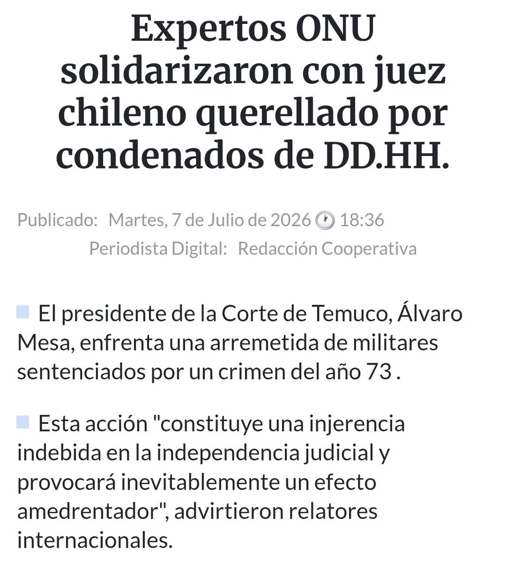 PuntaPeucoHoy's tweet photo. PPHOY PRENSA 📌

¿PUEDE UNA DECLARACIÓN DE EXPERTOS INTERNACIONALES INFLUIR EN UN PROCESO JUDICIAL EN CURSO?

Los expertos de la ONU expresan preocupación porque la investigación a un juez podría afectar la independencia judicial y generar un efecto inhibidor sobre otros magistrados. También advierten que podría tratarse de una interferencia en el ejercicio de la función jurisdiccional.
Es importante recordar que estos expertos actúan a título personal y sus opiniones no representan la posición oficial de toda la Organización de las Naciones Unidas.

LEER PUBLICACIÓN ⬇️
https://t.co/82PRI9saRw

Sin embargo, la respuesta publicada por la abogada Carla Fernández plantea una pregunta de fondo.
¿Acaso investigar conforme a la ley debilita la independencia judicial o, por el contrario, la fortalece?

En su columna sostiene que admitir una querella no es condenar, sino permitir que el Ministerio Público investigue conforme al debido proceso, y que nadie debiera situarse por sobre la ley.

LEER COLUMNA ⬇️
https://t.co/F5KpeaxqSa

Aprender es un deber y todos los chilenos debemos tener muy claro que la independencia judicial es un pilar del Estado de Derecho. Pero la igualdad ante la ley también lo es.

Cuando investigar comienza a verse como una amenaza y no como una garantía del debido proceso, vale la pena preguntarse si no estamos confundiendo independencia con inmunidad.

Porque investigar no es condenar.
Y nadie debiera estar por sobre la ley.

PPH

@CIDH @OEA_oficial @ONU_derechos @inddhh @PJudicialChile
@Gendarmeria_CL
@GobiernodeChile @MinjuDDHH @MinistroRabat
@Senado_Chile @Camara_cl
@UNHumanRights @ONU_derechos