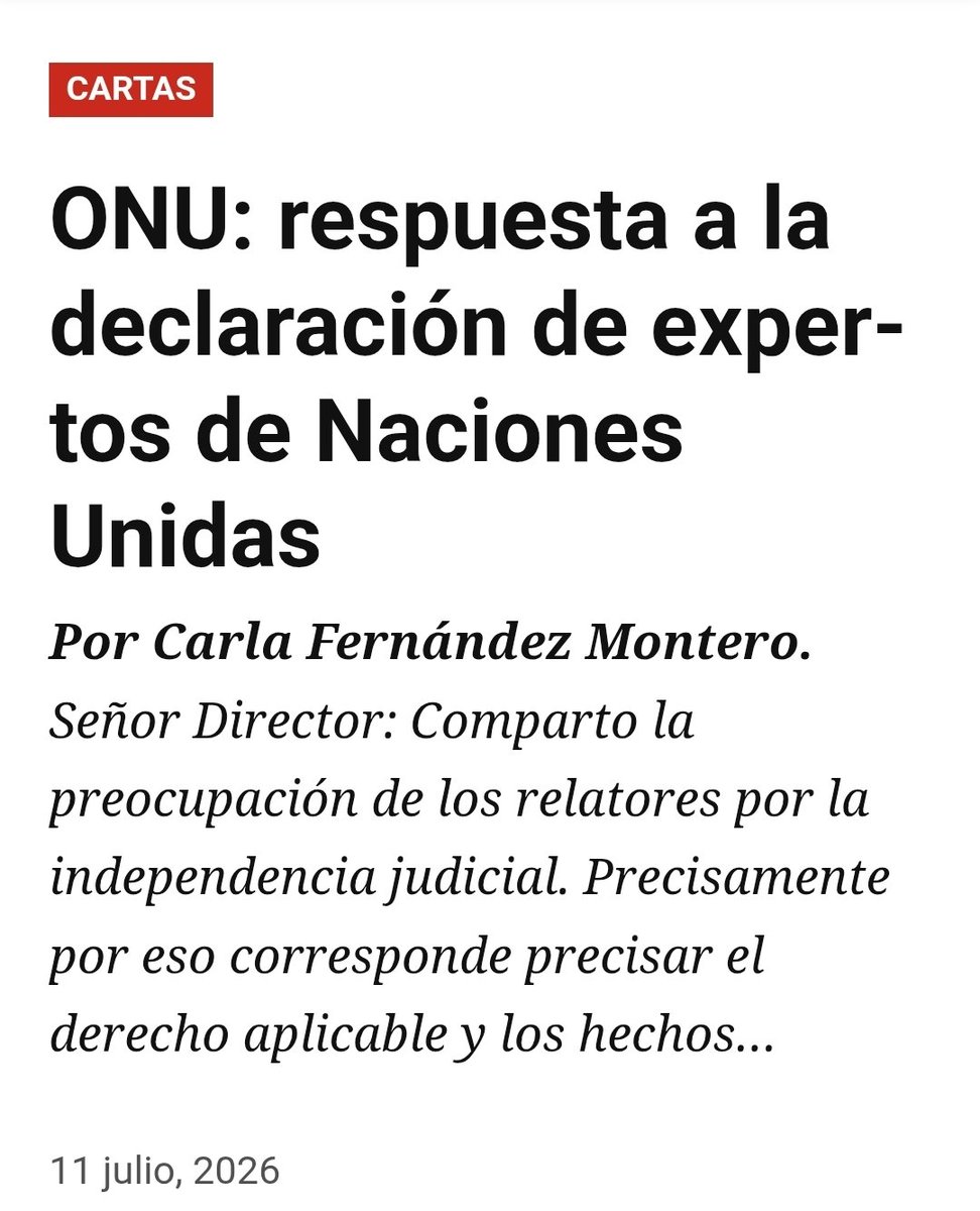 PuntaPeucoHoy's tweet photo. PPHOY PRENSA 📌

¿PUEDE UNA DECLARACIÓN DE EXPERTOS INTERNACIONALES INFLUIR EN UN PROCESO JUDICIAL EN CURSO?

Los expertos de la ONU expresan preocupación porque la investigación a un juez podría afectar la independencia judicial y generar un efecto inhibidor sobre otros magistrados. También advierten que podría tratarse de una interferencia en el ejercicio de la función jurisdiccional.
Es importante recordar que estos expertos actúan a título personal y sus opiniones no representan la posición oficial de toda la Organización de las Naciones Unidas.

LEER PUBLICACIÓN ⬇️
https://t.co/82PRI9saRw

Sin embargo, la respuesta publicada por la abogada Carla Fernández plantea una pregunta de fondo.
¿Acaso investigar conforme a la ley debilita la independencia judicial o, por el contrario, la fortalece?

En su columna sostiene que admitir una querella no es condenar, sino permitir que el Ministerio Público investigue conforme al debido proceso, y que nadie debiera situarse por sobre la ley.

LEER COLUMNA ⬇️
https://t.co/F5KpeaxqSa

Aprender es un deber y todos los chilenos debemos tener muy claro que la independencia judicial es un pilar del Estado de Derecho. Pero la igualdad ante la ley también lo es.

Cuando investigar comienza a verse como una amenaza y no como una garantía del debido proceso, vale la pena preguntarse si no estamos confundiendo independencia con inmunidad.

Porque investigar no es condenar.
Y nadie debiera estar por sobre la ley.

PPH

@CIDH @OEA_oficial @ONU_derechos @inddhh @PJudicialChile
@Gendarmeria_CL
@GobiernodeChile @MinjuDDHH @MinistroRabat
@Senado_Chile @Camara_cl
@UNHumanRights @ONU_derechos