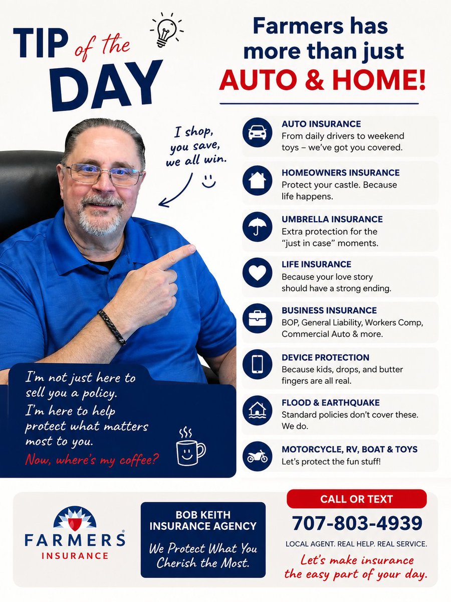 bobkeith64's tweet photo. Insurance tip of the day:

Farmers is not just auto and home.

Yes, we can help with your car and your house, but that is not where the conversation has to stop.

Life insurance, umbrella coverage, business insurance, device protection, motorcycle, RV, boat, flood, earthquake,... https://t.co/49zTc55tyk