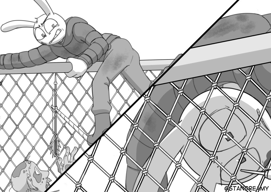 Standreamy's tweet photo. The fence was a pain to draw... I suffered the same tension of Jax.
Seems like he managed to survive as well, however🧟.

#funnybunny #tadcfanart #tadc 

71/? https://t.co/agHvvhoKQo