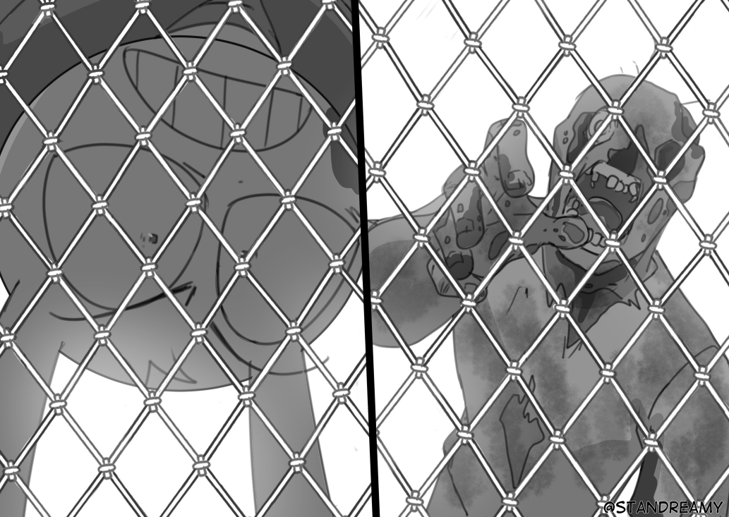 Standreamy's tweet photo. The fence was a pain to draw... I suffered the same tension of Jax.
Seems like he managed to survive as well, however🧟.

#funnybunny #tadcfanart #tadc 

71/? https://t.co/agHvvhoKQo