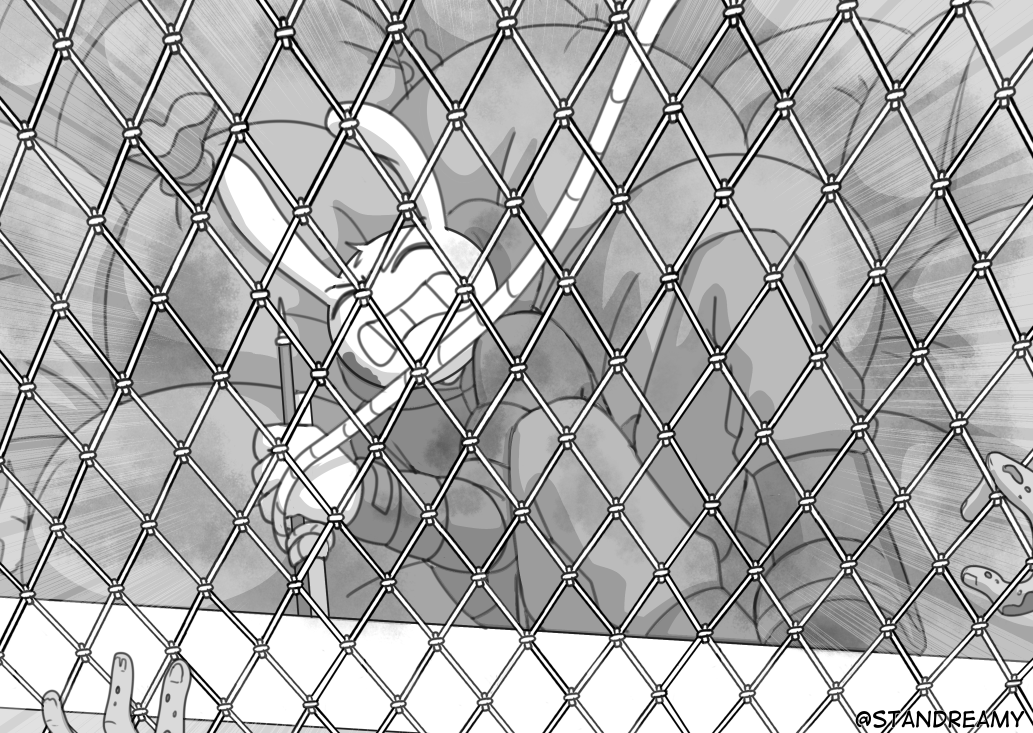 Standreamy's tweet photo. The fence was a pain to draw... I suffered the same tension of Jax.
Seems like he managed to survive as well, however🧟.

#funnybunny #tadcfanart #tadc 

71/? https://t.co/agHvvhoKQo