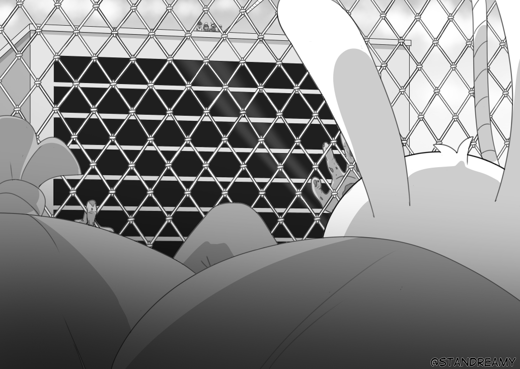 Standreamy's tweet photo. The fence was a pain to draw... I suffered the same tension of Jax.
Seems like he managed to survive as well, however🧟.

#funnybunny #tadcfanart #tadc 

71/? https://t.co/agHvvhoKQo