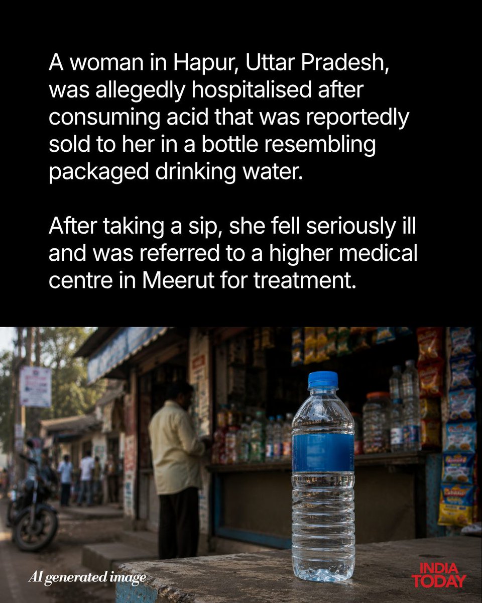 IndiaToday's tweet photo. A woman in Hapur, Uttar Pradesh, was allegedly hospitalised after consuming acid that was reportedly sold to her in a bottle resembling packaged drinking water, prompting a police inquiry into the incident.

According to the woman's family, she had purchased what she believed was a sealed bottle of drinking water from a local shop. Moments after taking a sip, she complained of severe discomfort and fell ill. She was initially taken to a nearby hospital before being referred to a higher medical centre in Meerut, where she continues to receive treatment.

Police have launched a preliminary inquiry and are examining CCTV footage that has surfaced online. Investigators are also trying to determine how acid allegedly ended up inside a bottle resembling packaged drinking water and whether the incident was the result of negligence or foul play.

#Hapur #UttarPradesh #PackagedWater #PublicSafety #ConsumerSafety #PoliceInvestigation #Meerut #CCTV #Investigation #IndiaToday