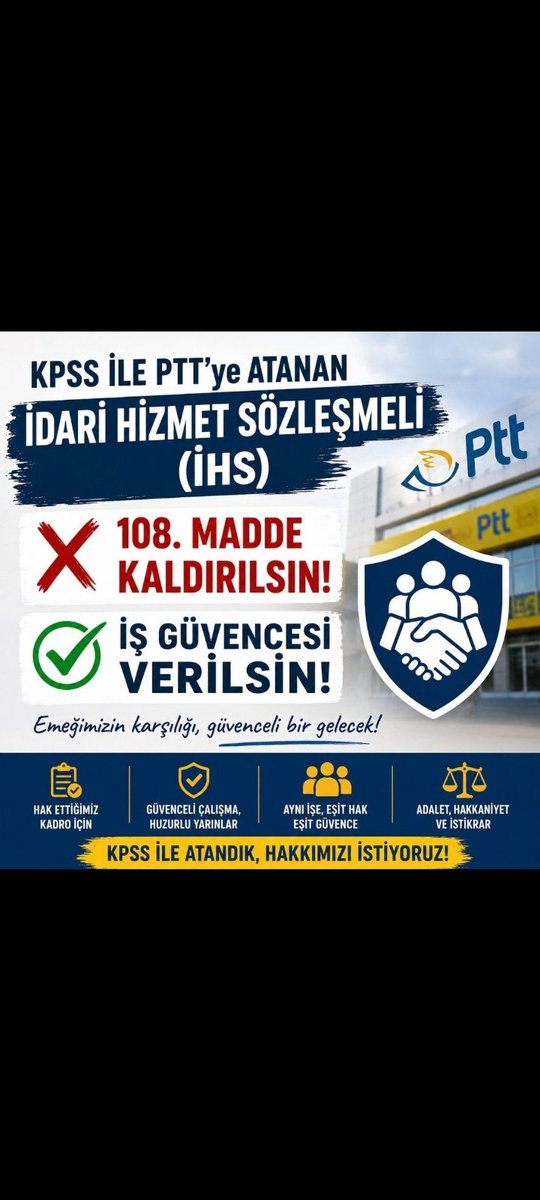 Osman36714164's tweet photo. Pandemide doğal afette her koşul ve şartta görev yapan Ptt emekçisi İHS'li personeller 14 Temmuz 2026 tarihinde Meclis Plan Bütçe komisyonunda görüşülecek 
@kamuiskonf
@nowhaber
@halktvcomtr
@gazetesozcu
@Haberturk
@ntv
#PTTdeihsyekadro https://t.co/jlqCOxJPNI