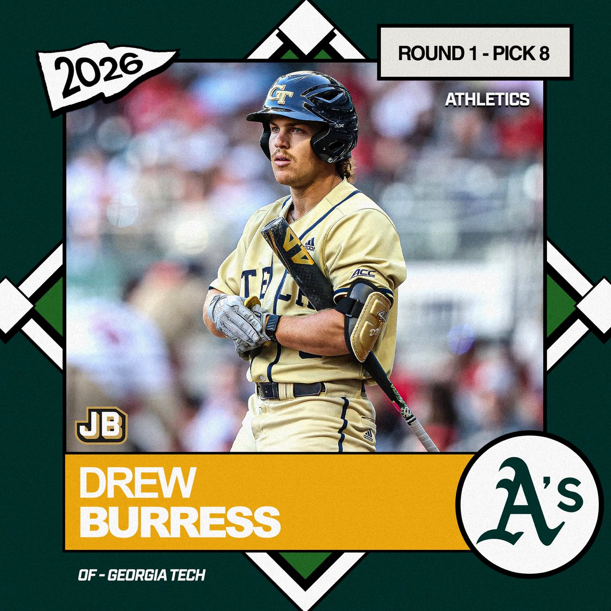 JustBB_Media's tweet photo. The Athletics select OF Drew Burress with the #8 overall pick in the 2026 MLB Draft! https://t.co/DkynjGRcsE