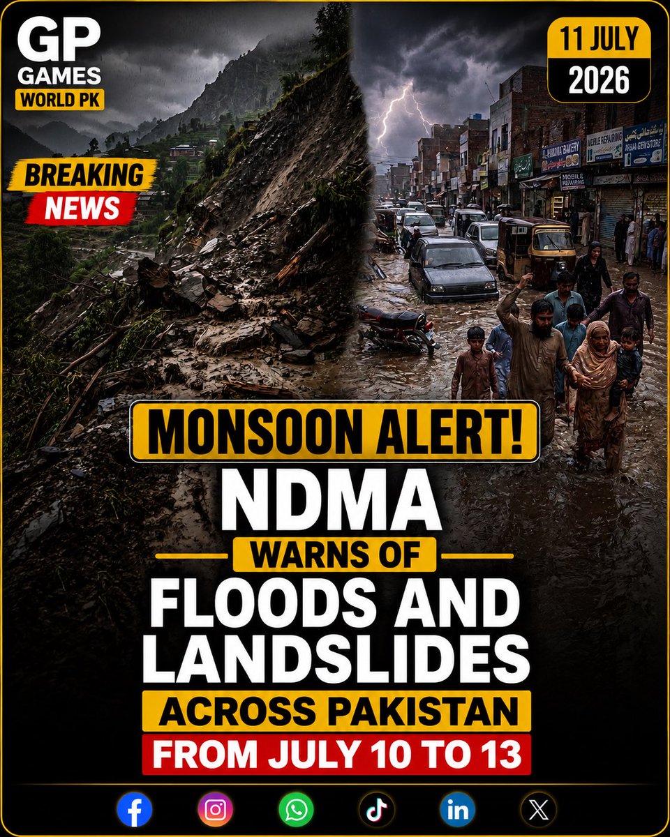 gameworldpk577's tweet photo. 🌧️ Monsoon Alert: NDMA Warns of Floods and Landslides Across Pakistan

The National Disaster Management Authority (NDMA) has issued a nationwide weather alert, warning of heavy rainfall, flash floods, urban flooding, and landslides in several parts of Pakistan from July 10 https://t.co/gfceDsCtwH
