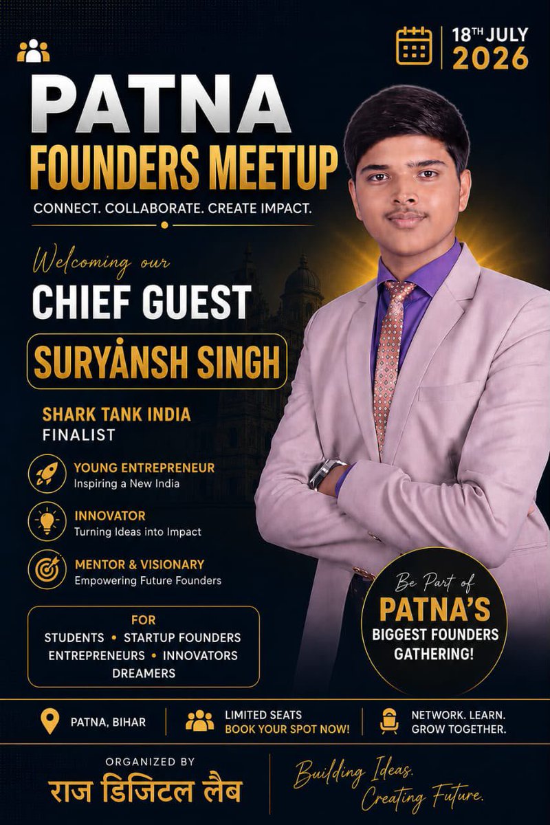 santosh_uno's tweet photo. Congratulations @ceosuryansh
💕
Entrepreneurs,Start-Up Founders, Students,Innovators,Dreamers of Bihar are Waiting for your Presence in Patna on 18th July.
🔱
Shri Harivansh.....Jai Mata Di
#ceosuryansh #excluchiv #startup #bihar #PrideOfBihar https://t.co/IUPgLOJ4cU