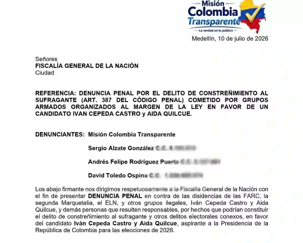 CARLOSFMEJIA's tweet photo. 🚨ESTO ES DE EXTREMA GRAVEDAD🚨

“Denuncian penalmente por constreñimiento al sufragante a las disidencias de las Farc y el ELN por el presunto favorecimiento al entonces candidato presidencial, Iván Cepeda y a su fórmula vicepresidencial, Aida Quilcué, en 520 municipios y más de 5.000 puestos de votación”. 

Estamos  ante el peor atentado contra la democracia colombiana. Autoridades tiene el deber de investigar hasta las últimas consecuencias. En una democracia, nadie puede estar por encima de la ley.

Vía @NoticiasRCN