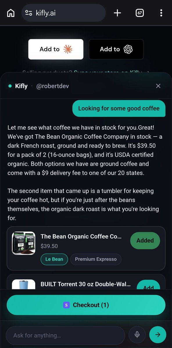Robert_Topkifer's tweet photo. Shipped this week 🎉 ✅

- Full e2e sub 2 minutes conversational shopping 🛍️ 

- Pivoted from iOS app build to embedded chat widget Any FMCG seller can add to their store sites (Shopify and Woocommerce ✅). 

- Shopping agent that speaks in your brand's voice. 

- MCP live 1 click add to @claudeai. 

Building @Kiflyai with Claude code. Give our MCP a try and shop and pay within any AI app 🫡.

#Agenticcommerce #AI #kifly