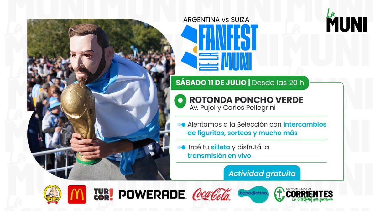 municorrientes's tweet photo. Hoy, desde las 20, te esperamos en el Fan Fest de la Muni para alentar a la Selección ⚽️ Habrá juegos, sorteos y toda la pasión albiceleste. ¡Vamos Argentina! 🇦🇷 https://t.co/3T7ydmtrGs
