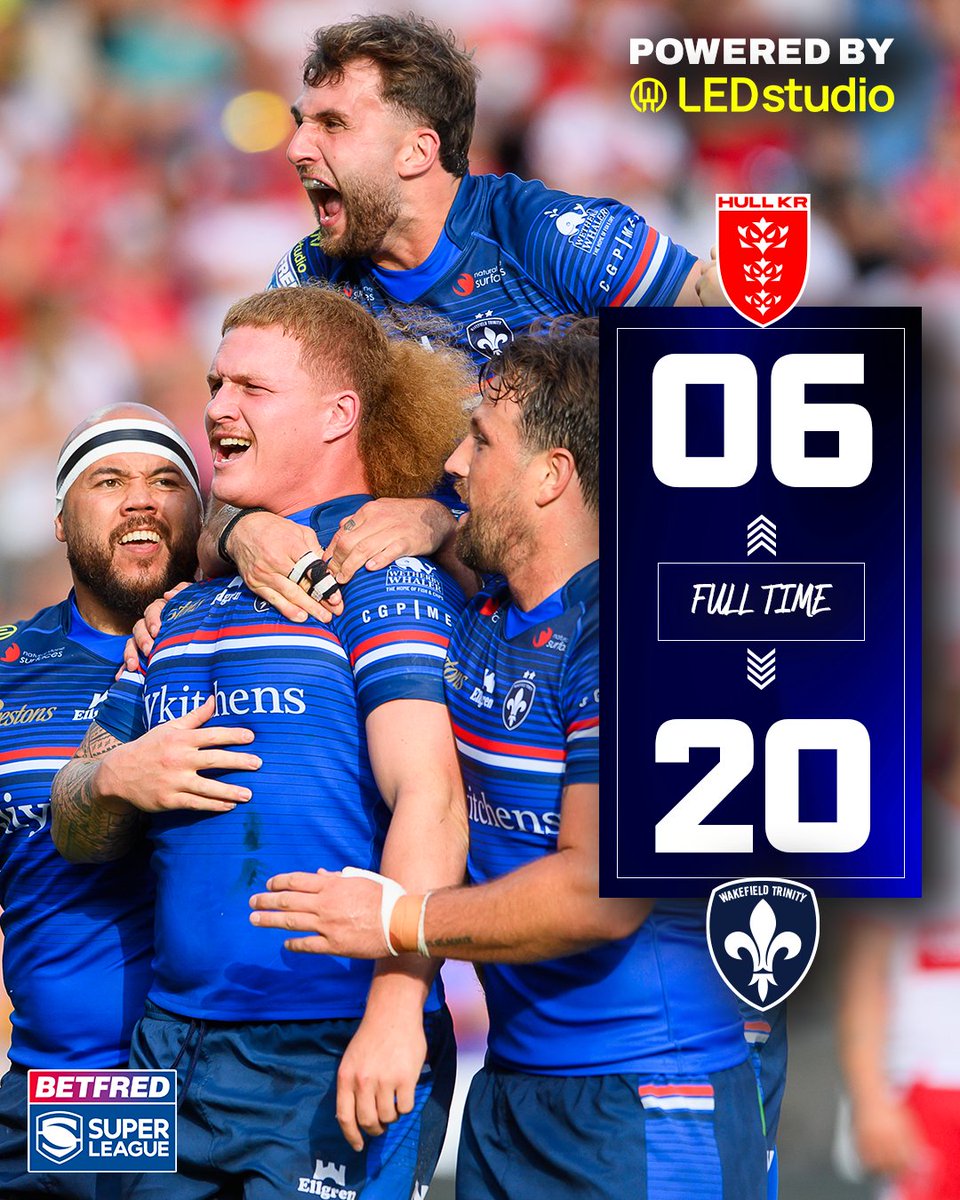 WTrinityRL's tweet photo. FULL-TIME: Hull KR 6-20 Wakefield Trinity

Trinity complete the double over the World Champions!

Powered by @TheLEDStudio

#UpTheTrin https://t.co/cM2zJwVnep