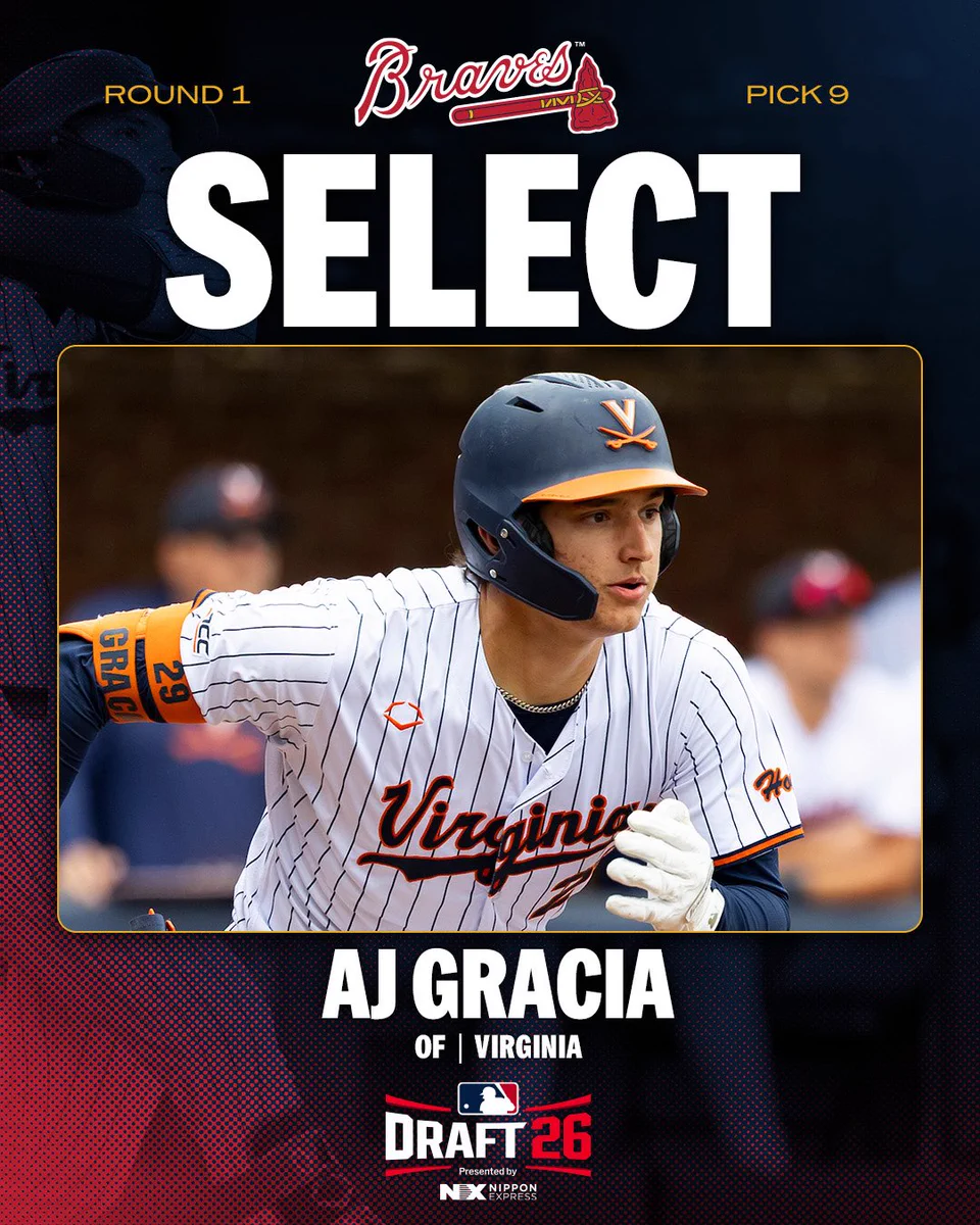 Round 1, pick 9, AJ Gracia, outfielder, University of Virginia