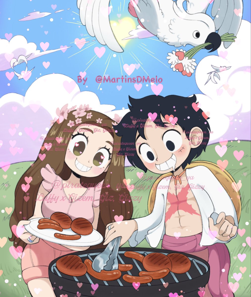 piratequeen_ya's tweet photo. Barbecue time with Luffy from @peace2dahood and @MartinsDMelo 🌻 🌸☀️🍖🐦🦜👒💗❤️🩷 Thank you so much for the cute art &amp; the details, I adore the sun in a heart shape, the cockatoo with the flowers/hearts &amp; birds forming a heart too, everything is adorable 🥹💗💗💗💗💗💗💗💗 https://t.co/rIykJz6nrj
