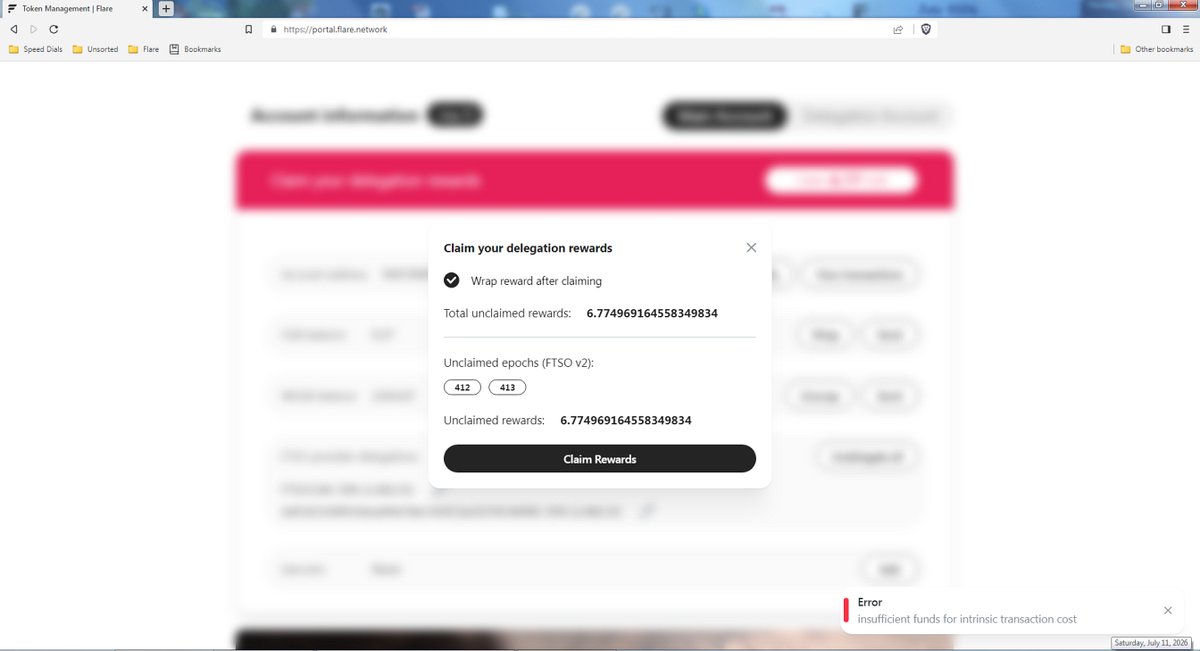 Uncle_Jed_1's tweet photo. @FlareNetworks Price increase or network error?
Claiming SGB delegation rewards gives...
"insufficient funds for intrinsic transaction cost"
Current SGB balance 0.25 SGB, normal fee about 0.001SGB for transaction! 
(Claiming FLR delegation rewards minutes earlier transacted without issue!) https://t.co/DYpyNYL86G