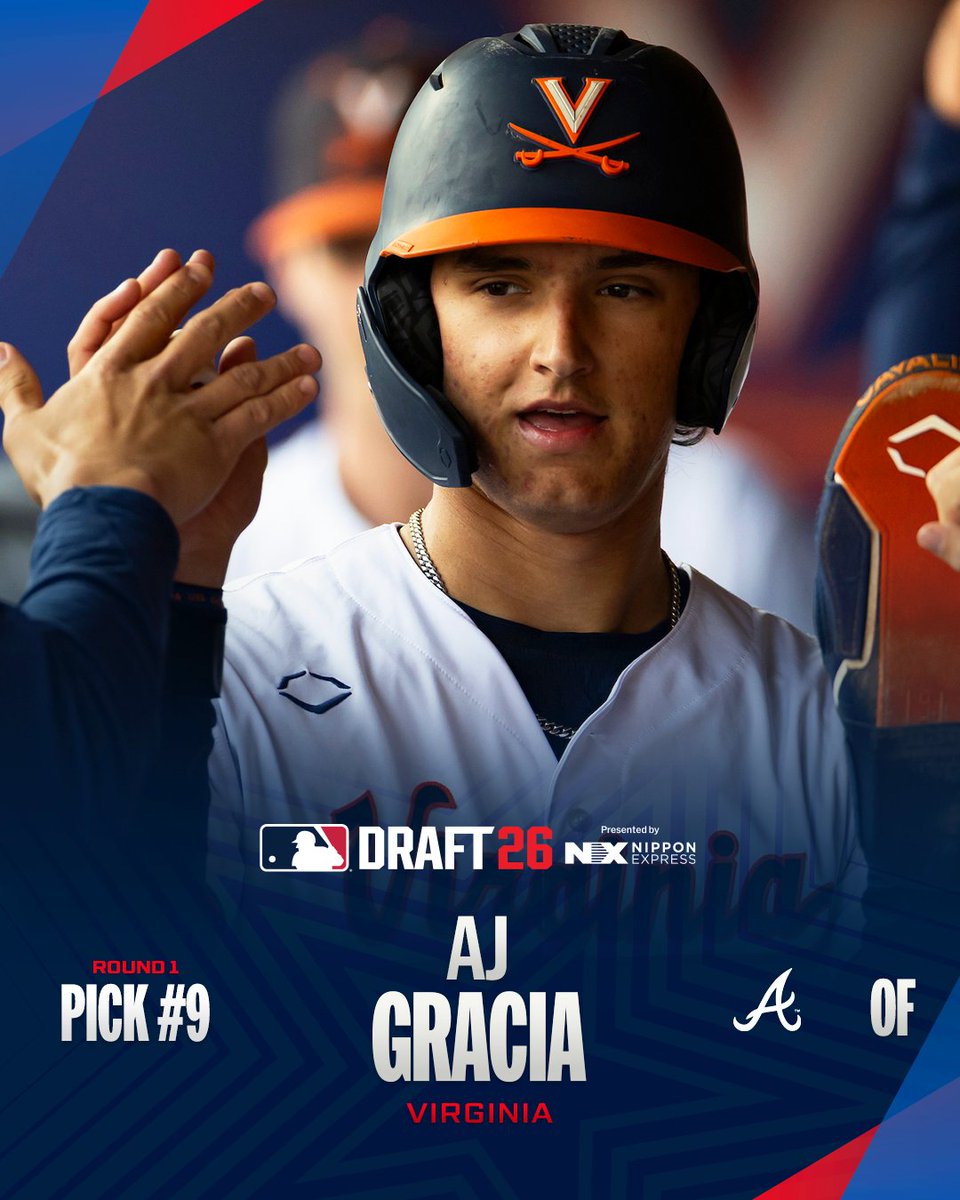 MLB's tweet photo. With the ninth pick of the 2026 #MLBDraft, the @Braves select AJ Gracia from Virginia.

(MLB x Nippon Express) https://t.co/YMQv5vkBTC