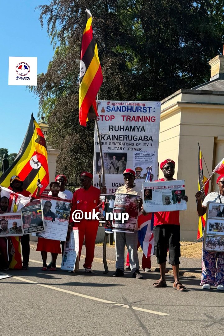 uk_nup's tweet photo. Ugandans, human rights and pro democracy campaigners in the UK, the EU and Sweden concluded a peaceful protest outside the British Army Royal Military Academy Sandhurst,
Camberley, Surrey, and called on the @UKLabour government to stop delivering security assistance, defence cooperation and the International Defence Training programme to units of the Ugandan military @MODVA_UPDF @security_uganda @PoliceUg, including the 'Special Forces Command' ('SFC"),  
JATT, responsible for human rights abuses, abductions, torture, enforced disappearances and interference in elections, and in the democratic processes, in violations of British government’s stated commitment to promoting human rights and democratic governance internationally.

The campaigners called on the incoming Prime Minister Andy Burnham @andyburnham and current Defence Secretary, Dan Jarvis 
@DanJarvisMBE to terminate the training and send home dictator @KagutaMuseveni's grandson Ruhamya Kainerugaba, and the son of brutal and sadist chief of Uganda's military @mkainerugaba who is currently undergoing training at the Royal Military Academy Sandhurst, and impose targets sanctions on @GovUganda officials responsible for abuses under UK domestic and international law. 

@FCDOGovUK  @10DowningStreet @amnestyuk @FCDOHumanRights @UKinUganda @CHRI_UK @GOVUK @UKParliament @SkyNews @CommonsDefence @BBCAfrica @camberleynews @GMB_union @HumanRightsCtte @DefenceHQ @BritishArmy @pritipatel @DailyMail @BBCBreaking @The_TUC @commonwealthsec @KemiBadenoch @HouseofCommons @Conservatives @CommonsForeign @ArmyCGS @UKHouseofLords @RMASandhurst 

#FreeAllPoliticalPrisonersInUganda
#FreeUganda
#TargetedSanctionsNow