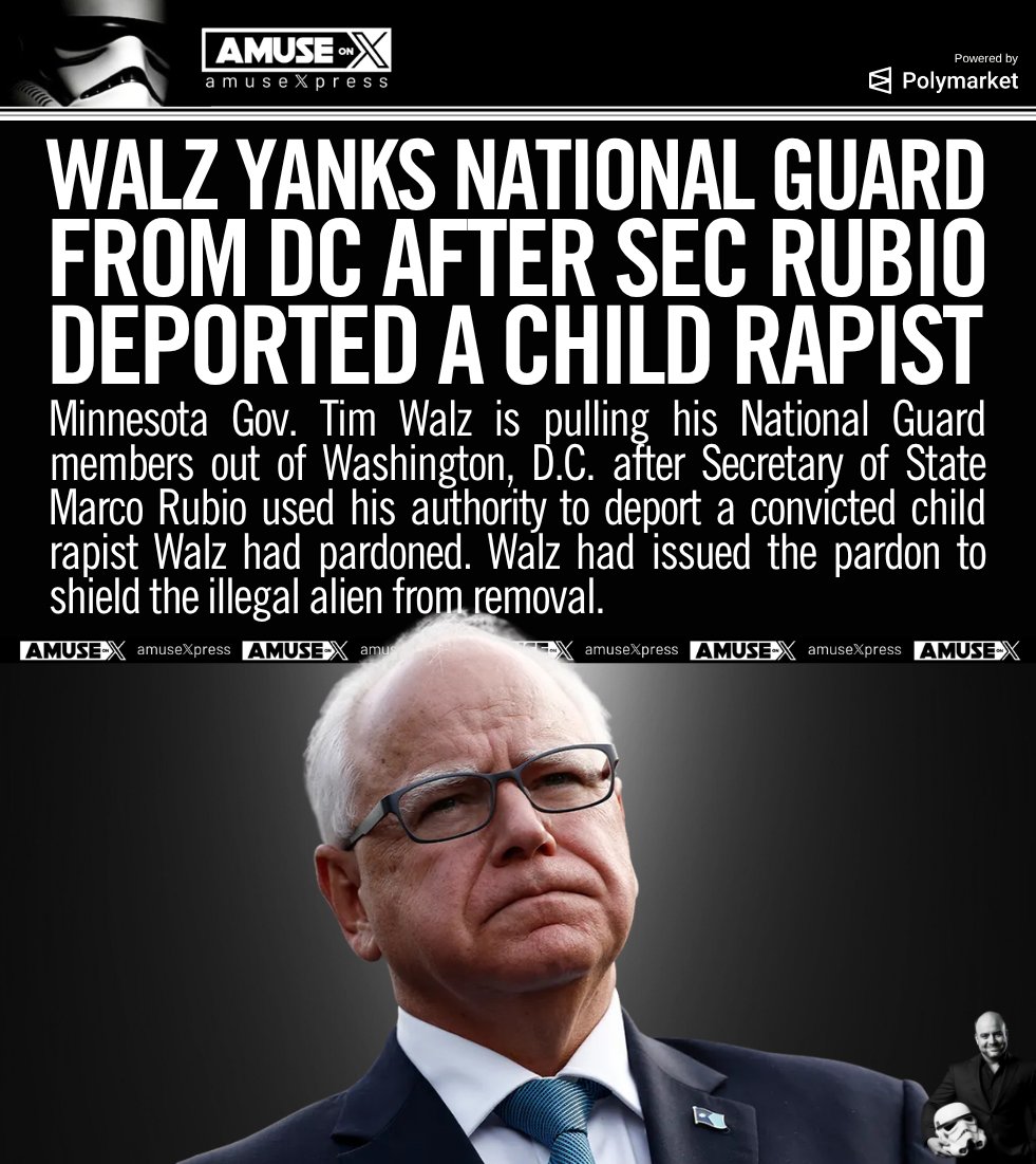 amuse's tweet photo. PARDON? Tim Walz just pulled his National Guard out of DC after Marco Rubio deported the convicted child rapist Walz tried to save with a pardon.