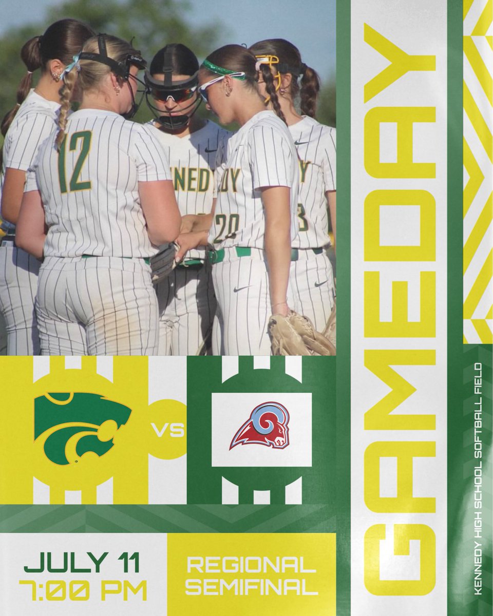 JFKsoftball's tweet photo. It’s Regional Semifinal Game Day! Catch your Cougs taking on the Rams from Dubuque Senior tonight at Kennedy beginning at 7:00pm💚💛 #gocougs https://t.co/3hQuQn3O6i