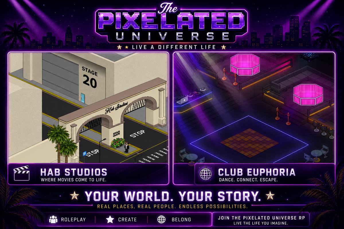 PixelatedEnt's tweet photo. 🎬 Every star has to start somewhere...

Lights.
Cameras.
Red carpets.
Nightlife.

Hollywood is waiting.

⭐ Join The Pixelated Universe RP 
https://t.co/lIgtbkBbxq https://t.co/Ax7ShTcmIr