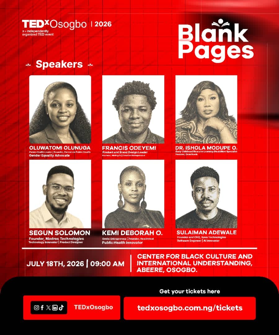 TEDxOsogbo's tweet photo. The wait is over! 🎉
Meet the speakers for TEDxOsogbo 2026:
@ninthgrid_ @is_adewale @orokifoods @tetomie 🔴
Each is bringing ideas and stories that could shape your next chapter.
Who are you most excited to hear from? 👀
#TEDxOsogbo #TEDx #TEDxTalks https://t.co/BIL8zqoPcC