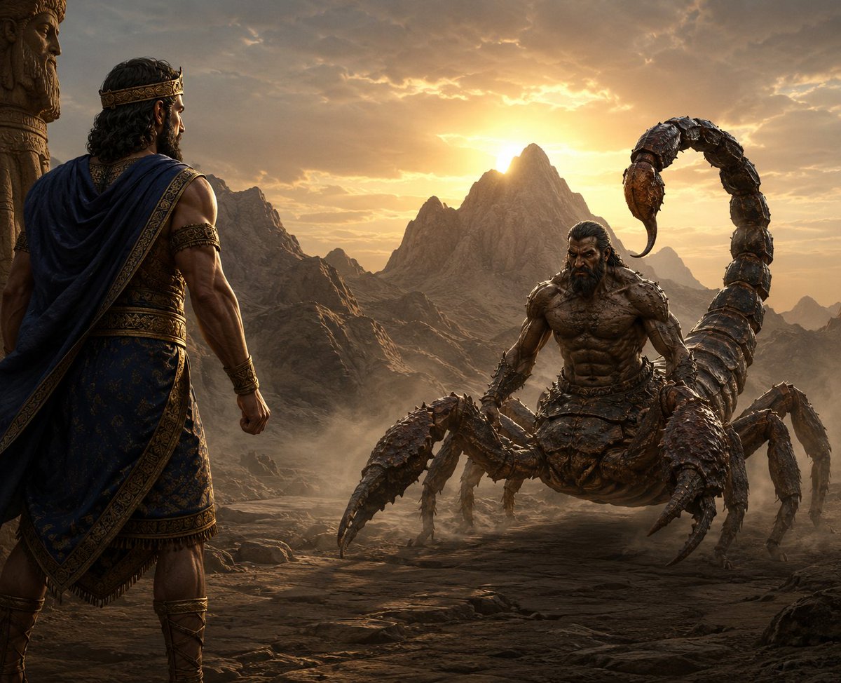 GilgameshIQ's tweet photo. ان اقدم ذكر للكائن الاسطوري ( الرجل العقرب ) كان في ملحمة كلكامش التي تعود الى 2600 ق.م 

فقد ورد ان كلكامش التقى بالرجل العقرب ( نصف انسان و نصف عقرب ) والذي يسمى گيرتابولو قرب جبل الشمس خلال رحلته نحو الخلود 

ويوصف إنه مخيف ونظراته تجلب الموت لكن كلكامش لم يتاثر لانه ثلثي اله

The earliest mention of the mythical creature the Scorpion-Man appears in the Epic of Gilgamesh, which dates back to around 2600 BCE.
It is stated that Gilgamesh encountered the Scorpion-Man—a being half human and half scorpion, known as Girtablulu—near Mount Mashu (the Mountain of the Sun) during his journey in search of immortality.
He is described as terrifying, with a gaze that brings death, yet Gilgamesh was not affected, for he was two-thirds divine.