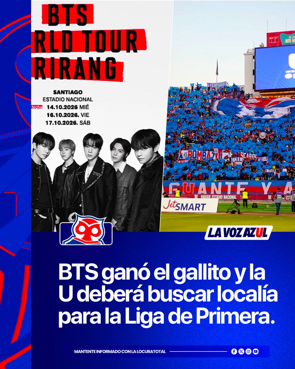 LaVozAzul_'s tweet photo. La boys band sur coreana tocará en el recinto principal del Parque Estadio Nacional el próximo 14, 16 y 17 de octubre tras ganar el gallito a las autoridades.

Esto pone en jaque a Universidad de Chile ya que la ANFP confirmó el fixture de la segunda rueda y complica la planificación laica según calendario ya que deberán buscar localía para los duelos ante Everton, Cobresal y Union La Calera por la Liga de Primera.

#VamosLaU #LocuraTotal 🔵🔴🤘🏻