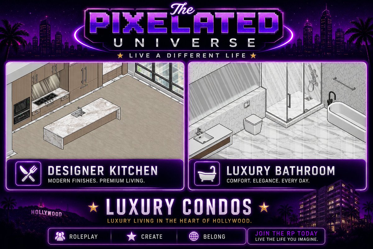 PixelatedEnt's tweet photo. 🏙 Your dream apartment is waiting.

Luxury condos overlooking Hollywood.

Your story begins at home.

✨ Join The Pixelated Universe RP
https://t.co/lIgtbkADHS https://t.co/L4fpVeCCEi