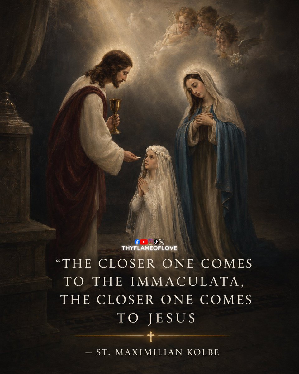 thyflameoflove's tweet photo. “The closer one comes to the Immaculata, the closer one comes to Jesus”
— St. Maximilian Kolbe

St. Maximilian Kolbe is not saying Mary replaces Jesus. He is saying the opposite. The closer we come to Mary, the more she leads us to her Son.

That is why Catholics love Our Lady. Not because she is God, but because God chose her to be the Mother of Jesus.

A good mother does not keep her children away from their father. Mary does not keep us away from Christ. She teaches us how to love Him, trust Him, obey Him, and stay close to Him when life gets hard.

This is why Marian devotion is not a distraction from Jesus. When it is true and faithful, it makes the heart more humble, more prayerful, and more centered on Christ.

💬 If Mary always leads souls to Jesus, why are so many people afraid to let her help them?

Someone may need this reminder today, especially if they have misunderstood Catholic devotion to Mary.