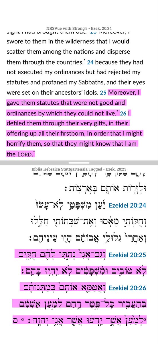 Christianous100's tweet photo. @CrankyFed Well… YHWH’s spirit was upon him when he made the vow and then Yhwh upholds his end, necessitating Jephthah to keep his word (cf Judg 11:35–36).

Ezekiel 20 also suggests Yhwh endorsed it by means of “not good laws” to “horrify” Israel. https://t.co/i6B68eLHTP