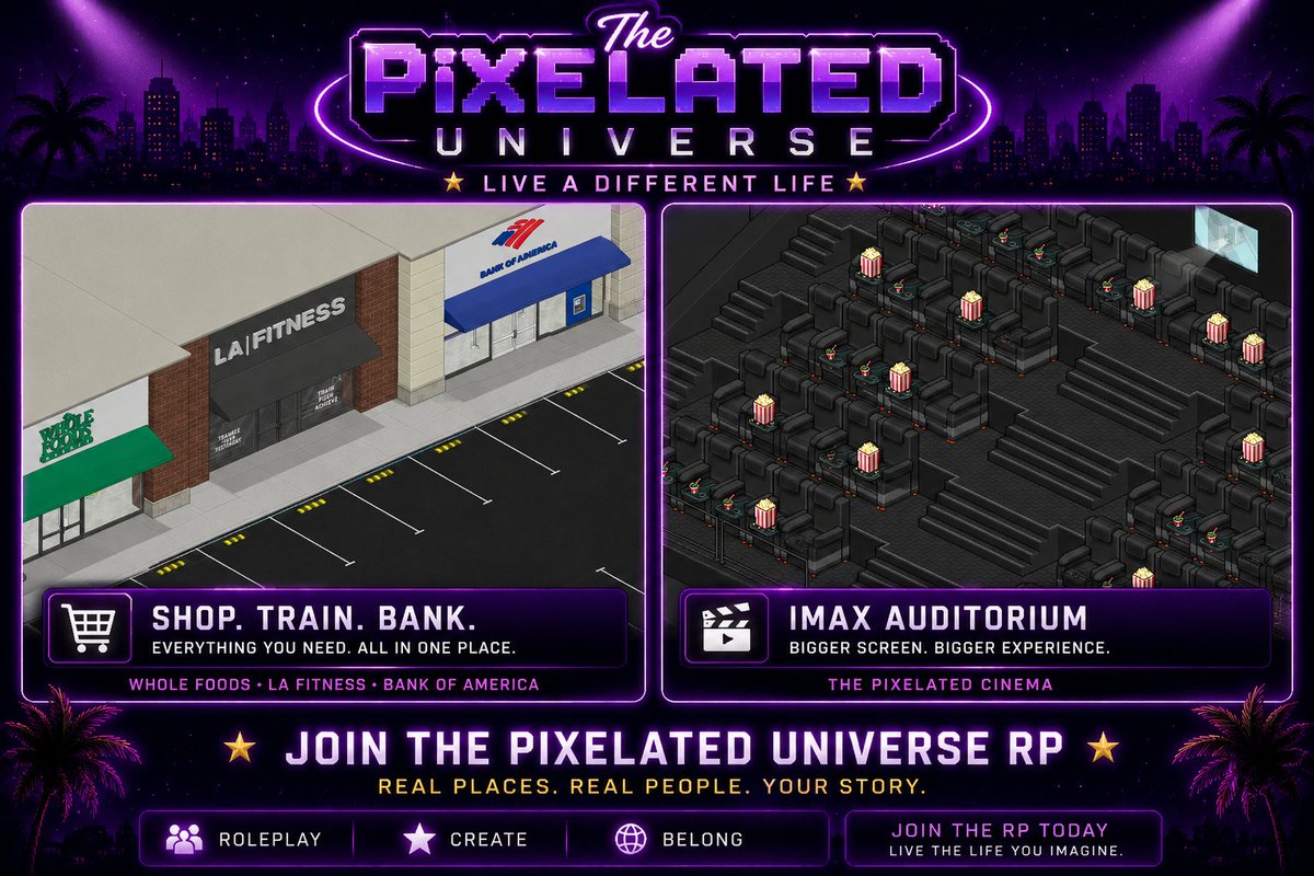 PixelatedEnt's tweet photo. 🍿 Some worlds give you buildings.

We give you a life.

Grocery shopping.
Banking.
Working out.
Movies.

Welcome to Hollywood.
✨ Join The Pixelated Universe RP
https://t.co/lIgtbkBbxq https://t.co/uHwE1BHuCx