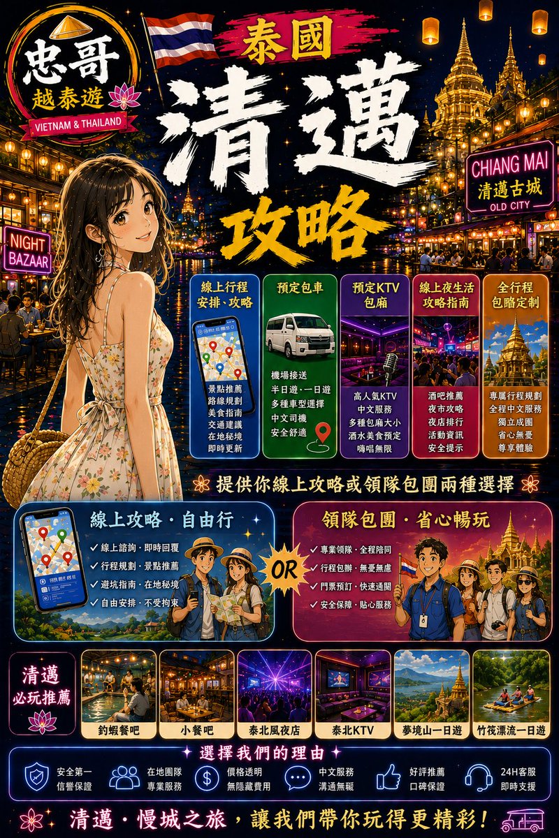 thaiunclejong's tweet photo. 「第一次來越南、泰國，
不知道怎麼玩？忠哥越泰遊，
帶你一次掌握胡志明、曼谷、芭達雅、清邁四大城市攻略！
提供線上攻略、包車預訂、KTV 包廂預訂，以及專人包團行程安排。
不管想自由探索，
還是輕鬆跟團，
跟著忠哥，玩得更省心、更精彩！」
✈️ Viethaijong https://t.co/FgZMdGPXLc