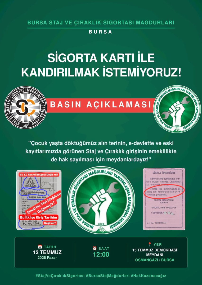 kanko_muhip's tweet photo. 📍 BASIN AÇIKLAMASI
🗓 12 Temmuz 2026 Pazar
🕛 Saat: 12.00

Çocuk yaşta alın teri döken, sigorta kaydı yapılan ancak emeklilik hakkı yok sayılan staj ve çıraklık sigortası mağdurlarının haklı mücadelesinin yanındayız.

@Yaartos41121435
@CirakStajFED https://t.co/OZaSGbq88X