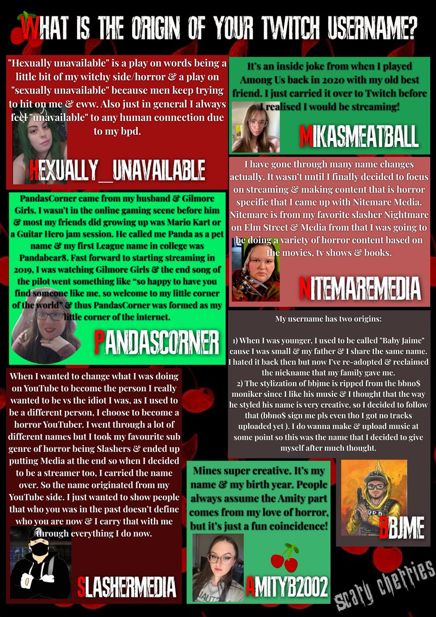 ScaryCherries_'s tweet photo. 🍒I loved reading the origins of our team mates Twitch names! What's your origin story?😉 https://t.co/DWosCjoV1G