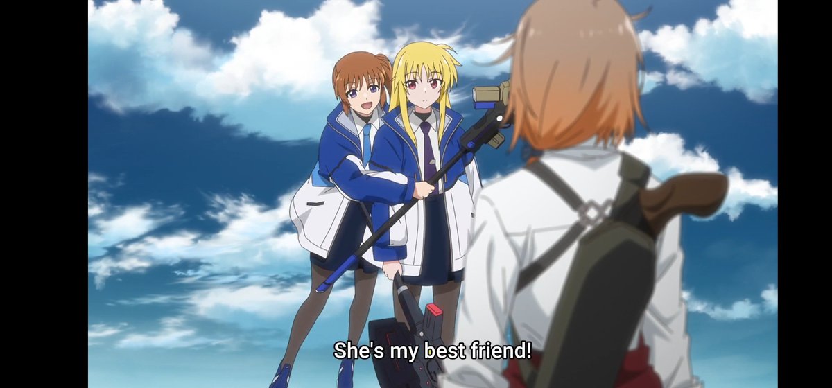 chiastaki's tweet photo. Of course Nanoha uses this chance to brag and hug Fate that's exactly what I expected of her... also I can't get enough of Fate's little blush, don't you see how it got that little effect when Nanoha hugged her?!
#なのはEXGV https://t.co/XiOpP3JPrp