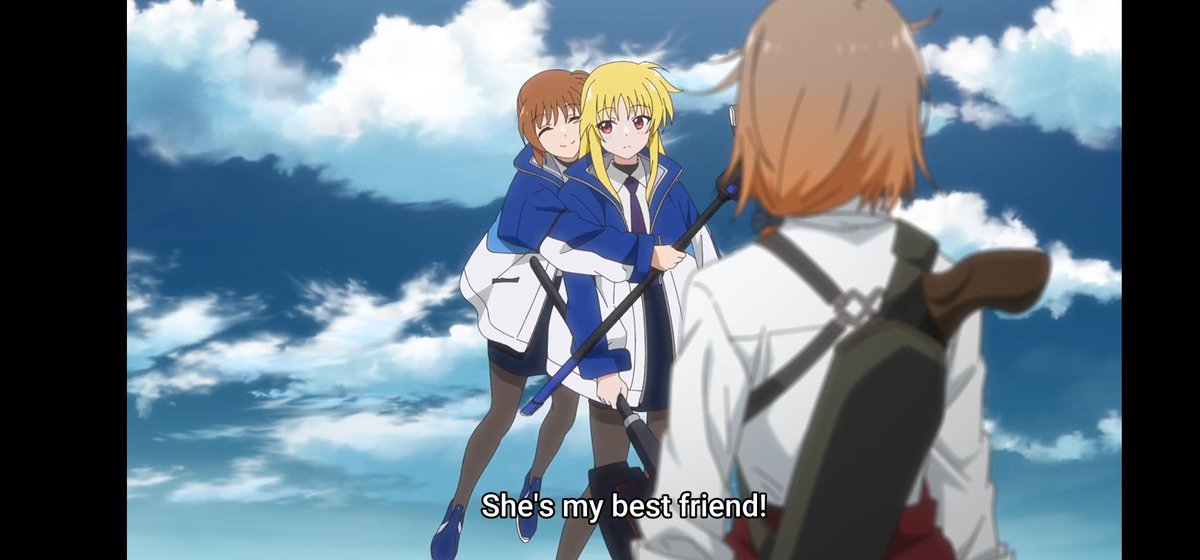 chiastaki's tweet photo. Of course Nanoha uses this chance to brag and hug Fate that's exactly what I expected of her... also I can't get enough of Fate's little blush, don't you see how it got that little effect when Nanoha hugged her?!
#なのはEXGV https://t.co/XiOpP3JPrp